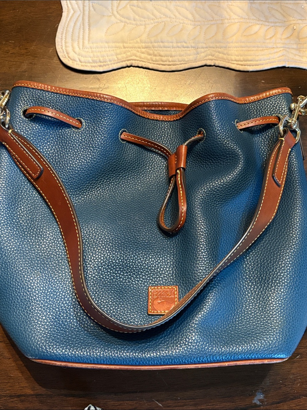 🦆Dooney & Bourke Blue Pebbled Leather Drawstring Equestrian Satchel + Dust-bag